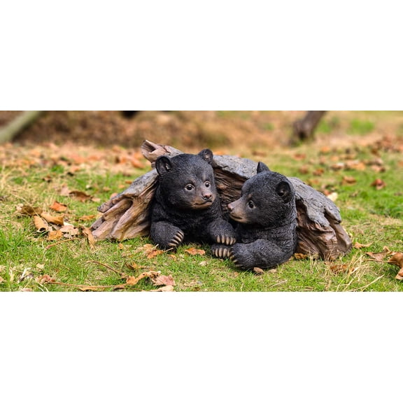 Hi-Line Gift Ltd. Black Bear Cubs Hiding Under Log Statue