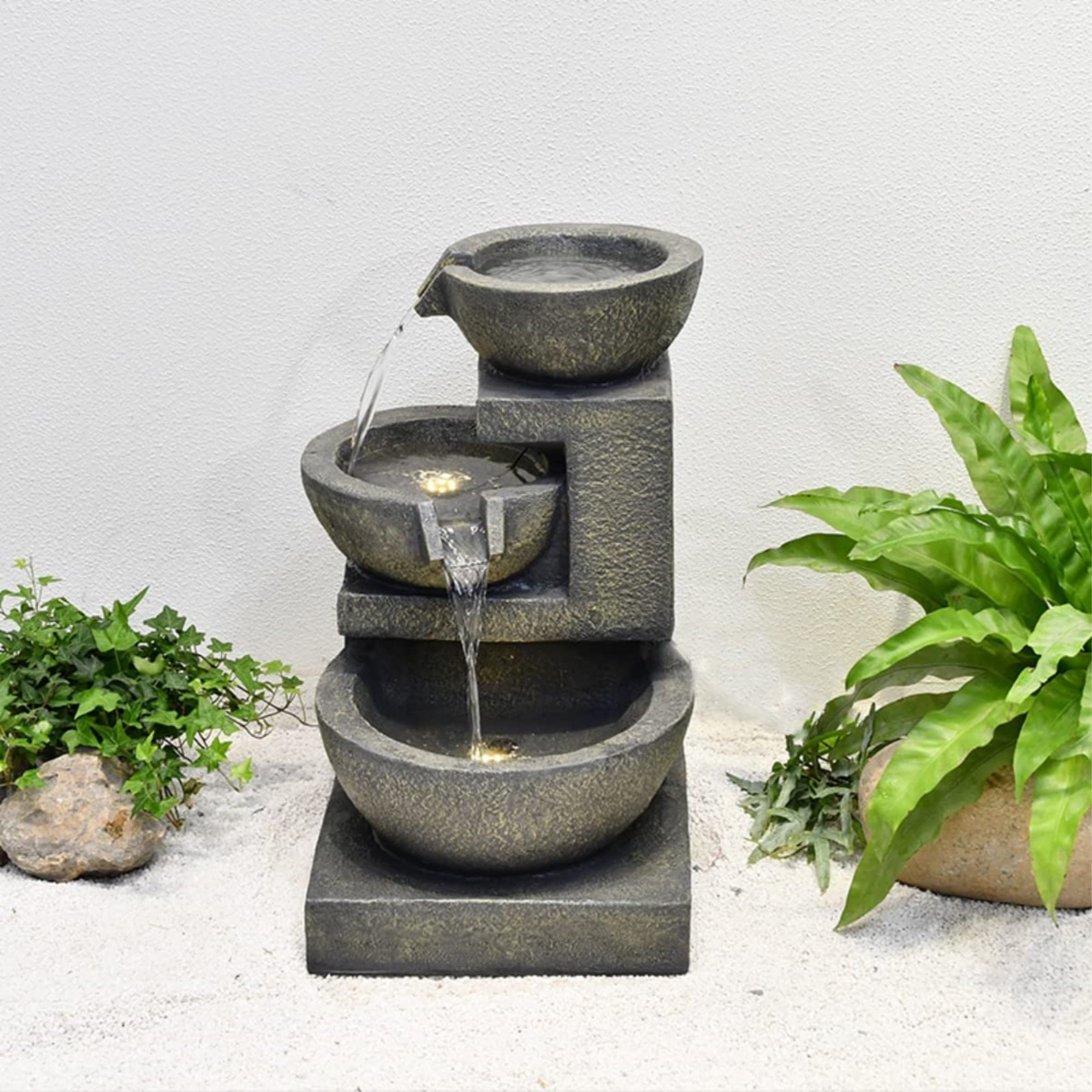 Beige Resin 3-Bowl Fountain with LED Lights