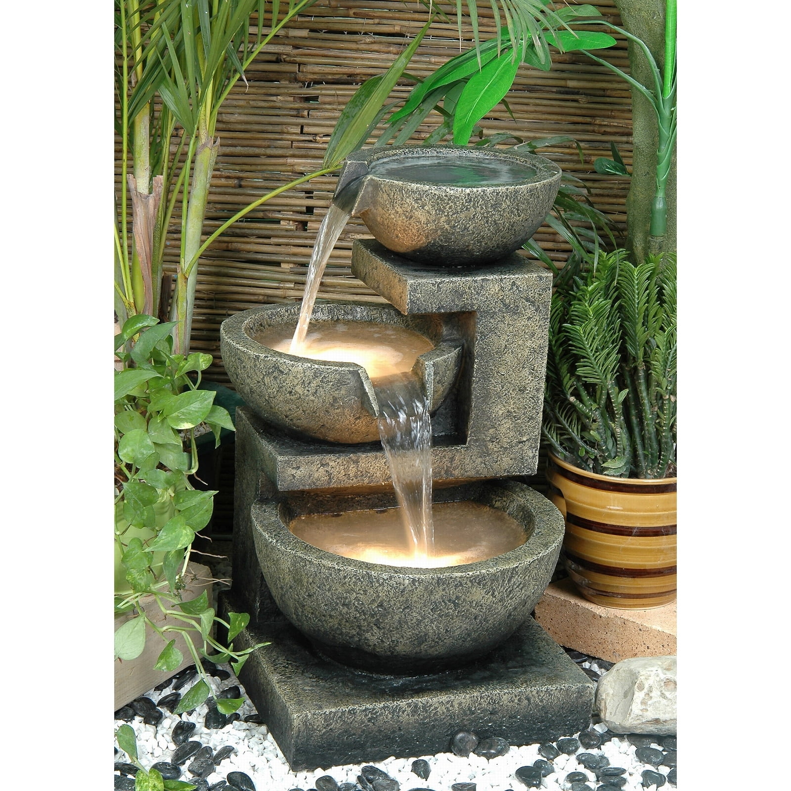 Beige Resin 3-Bowl Fountain with LED Lights