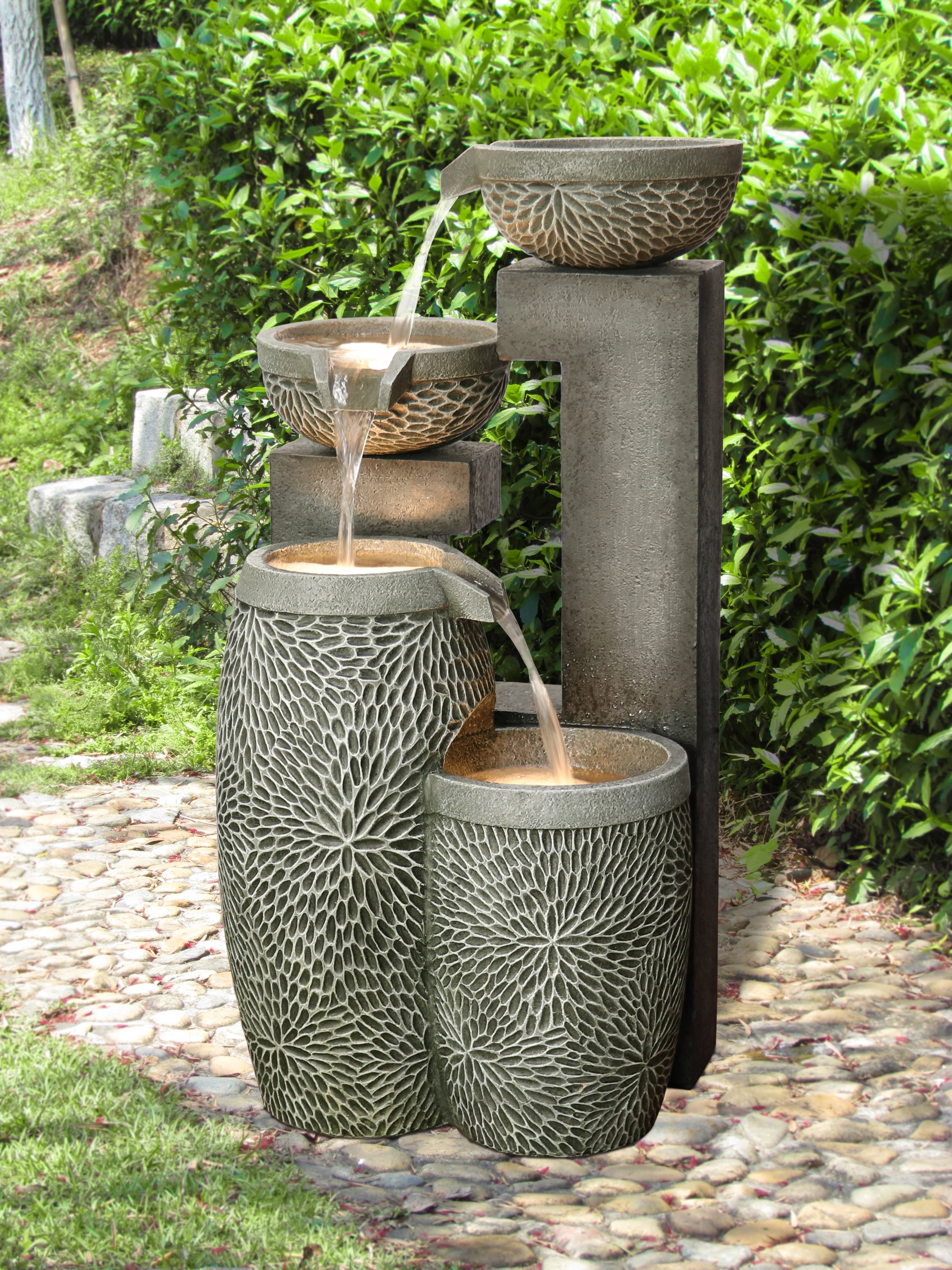 Hi-Line Gift 4 Tiers Modern Cascading Outdoor Water Fountain with Warm White LEDS, Gray