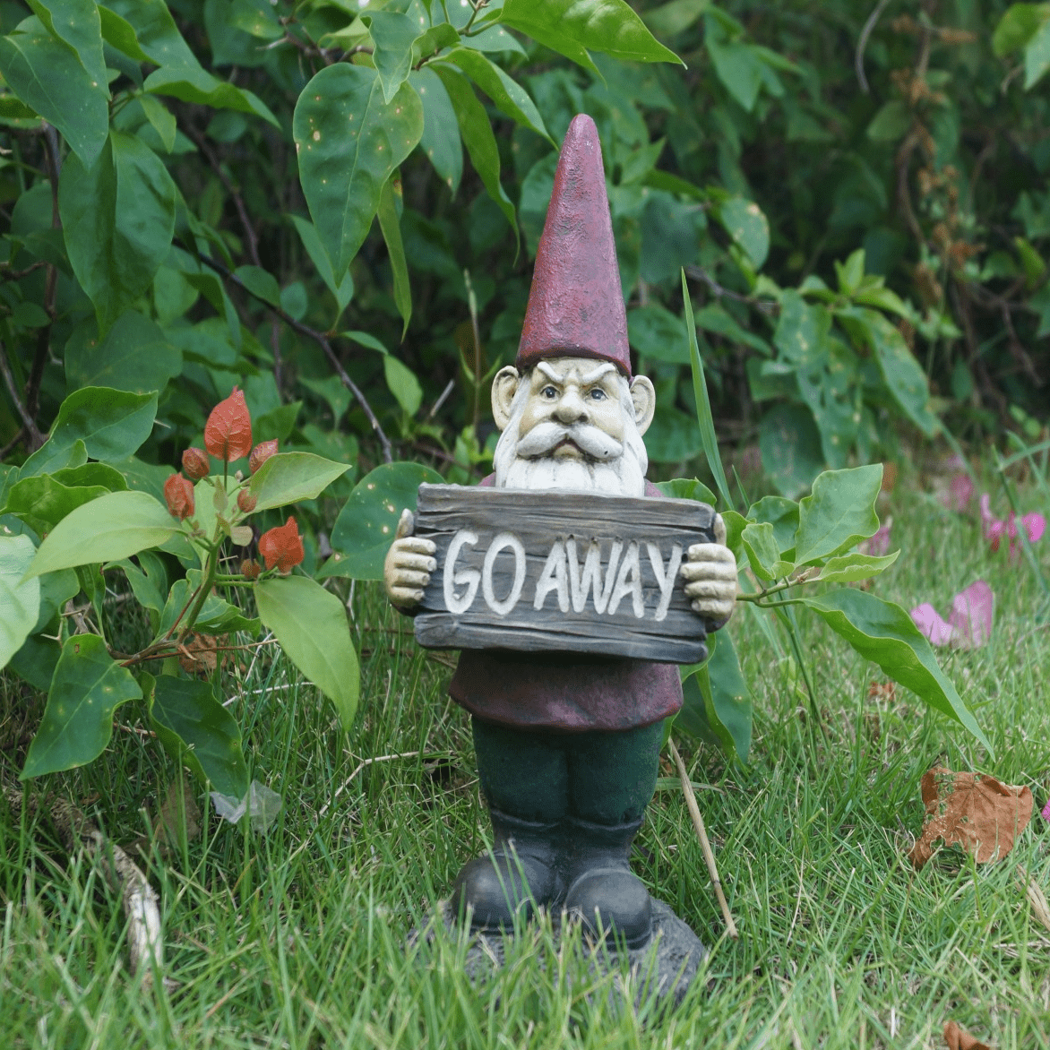 Red and Green Polyresin Gnome Garden Statue with Go Away Sign
