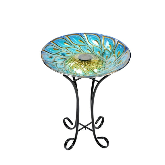 Hi-Line Gift 78415-E Solar Glass Peacock Feathers Bird Bath with Stand