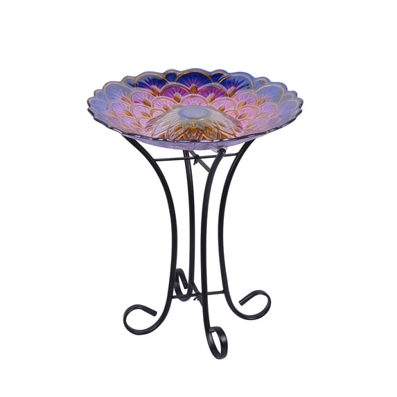 Hi-Line Gift 78415-H Solar Floral Glass Bird Bath with Stand
