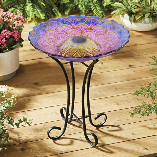 Hi-Line Gift 78415-H Solar Floral Glass Bird Bath with Stand