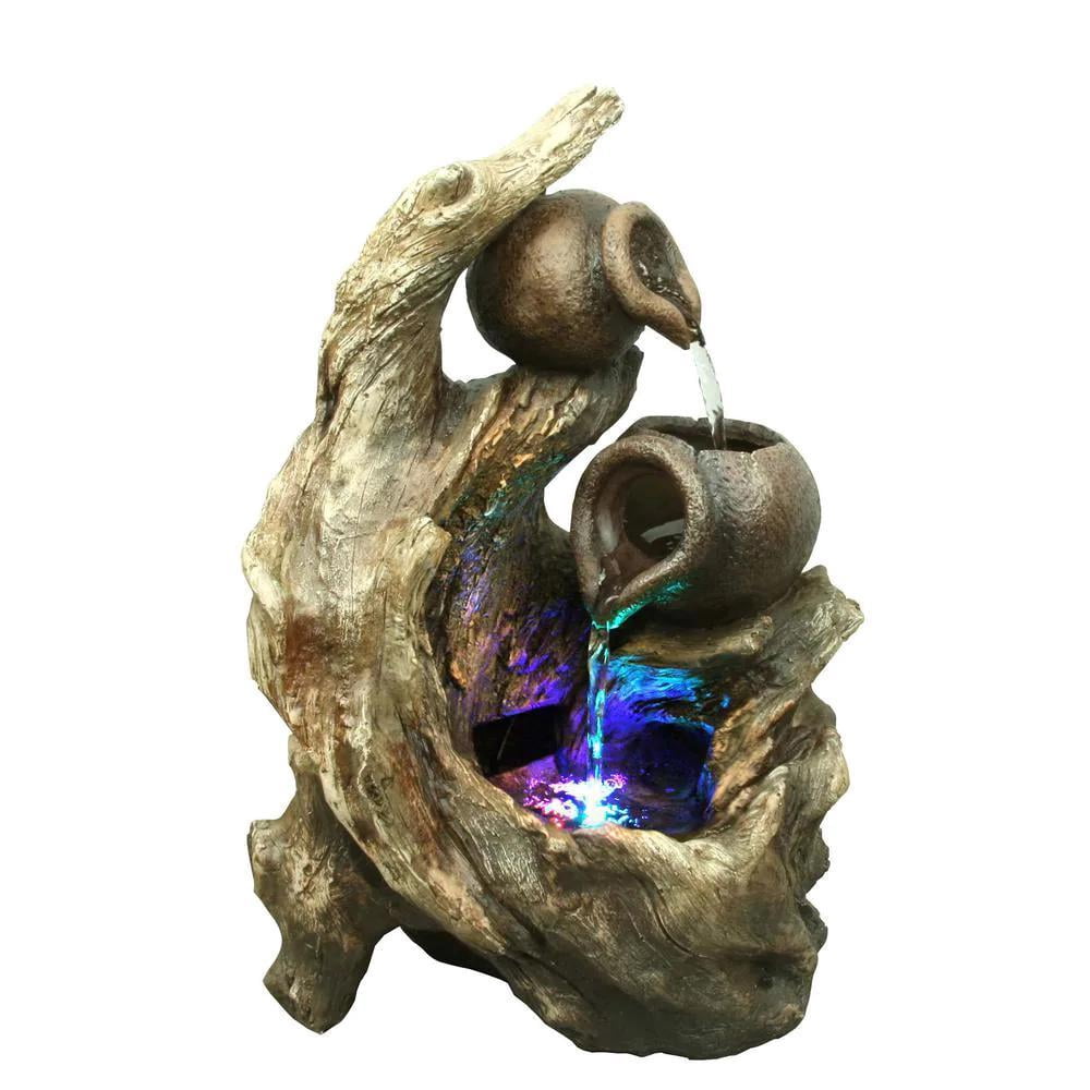Hi-Line Gifts 14" LED RGB Lighted Jugs and Tree Trunk Outdoor Garden Fountain