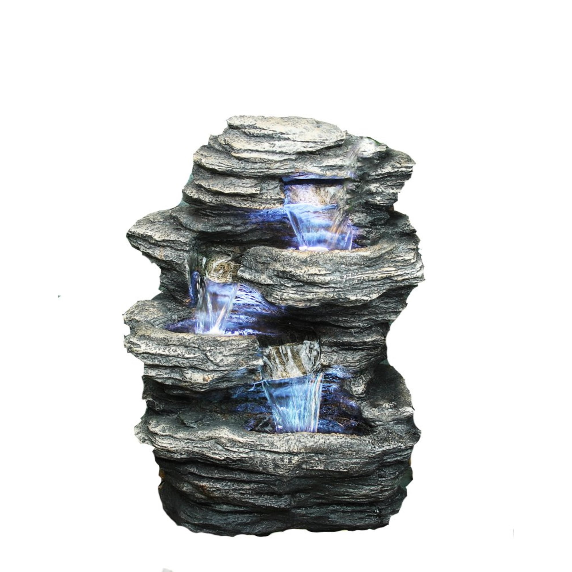 Gray Polyresin 4-Level Rock Water Fountain with LED Lights