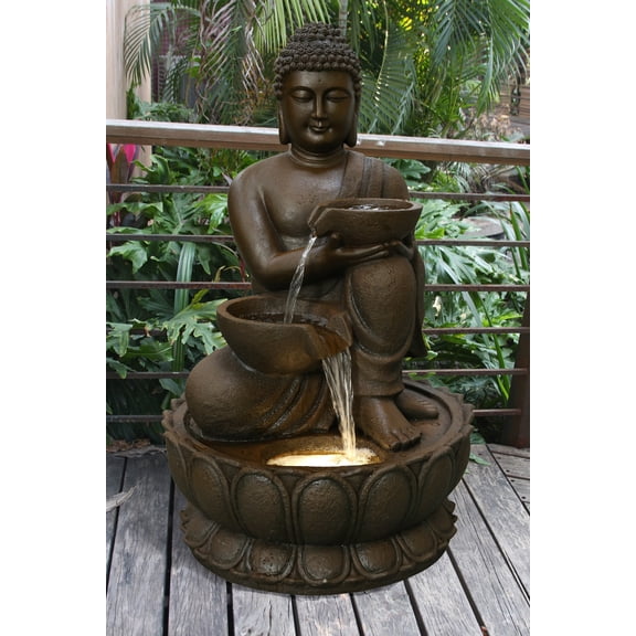 Hi-Line Gift LED Lights Buddha Fountain with Pump & Adapter, High-quality Material Matte Bronze