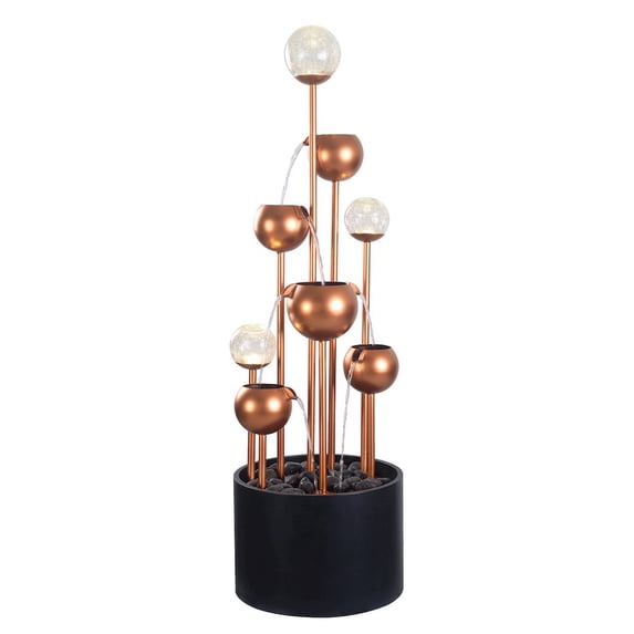 Hi-Line Gift LED Lights Metal Fountain with Glass Ball and White LED Lights Outdoor, Brown
