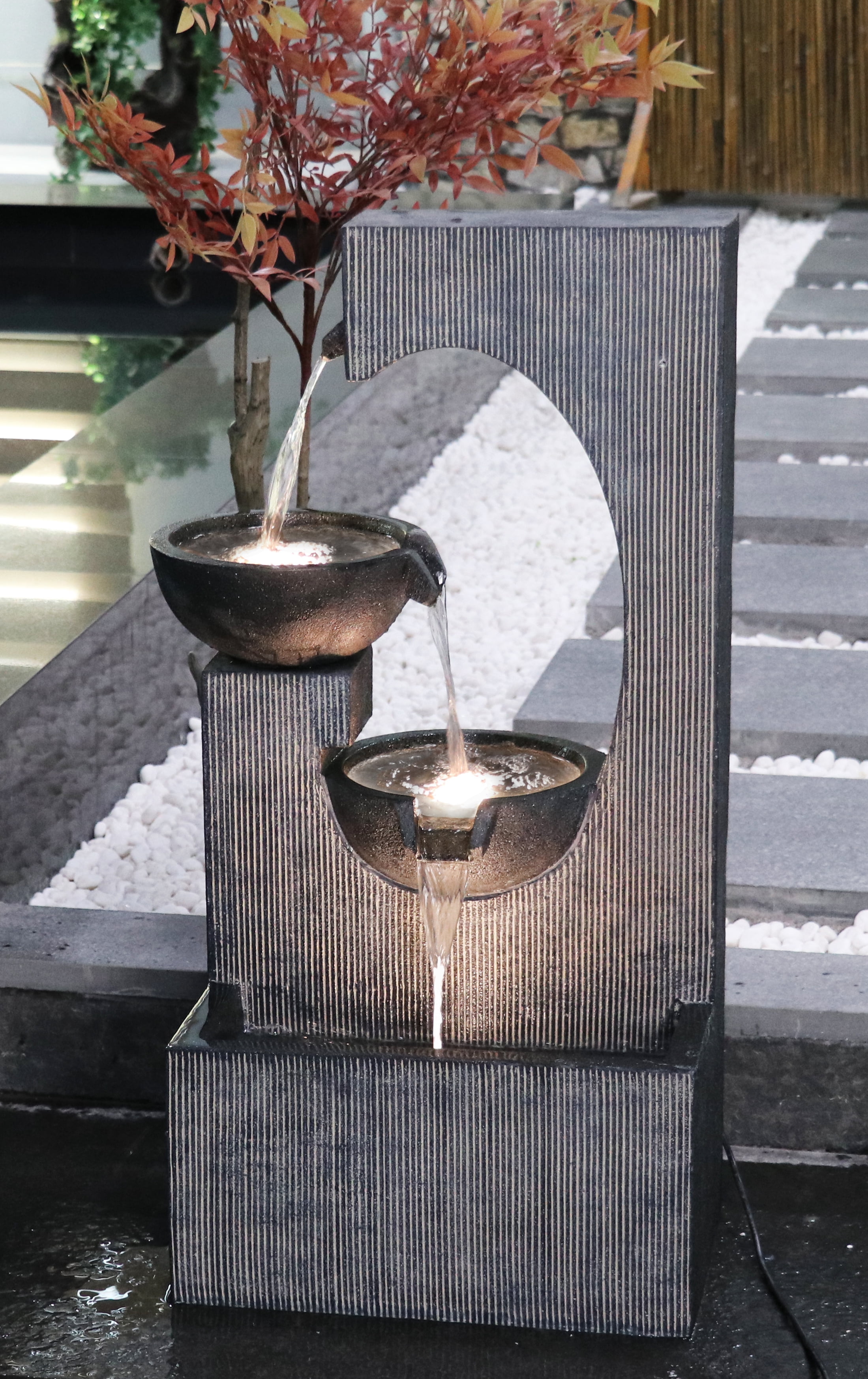 Hi-Line Gift LED Lights Semi-Circle Tiered Fountain Resin with Warm White LEDS, Gray