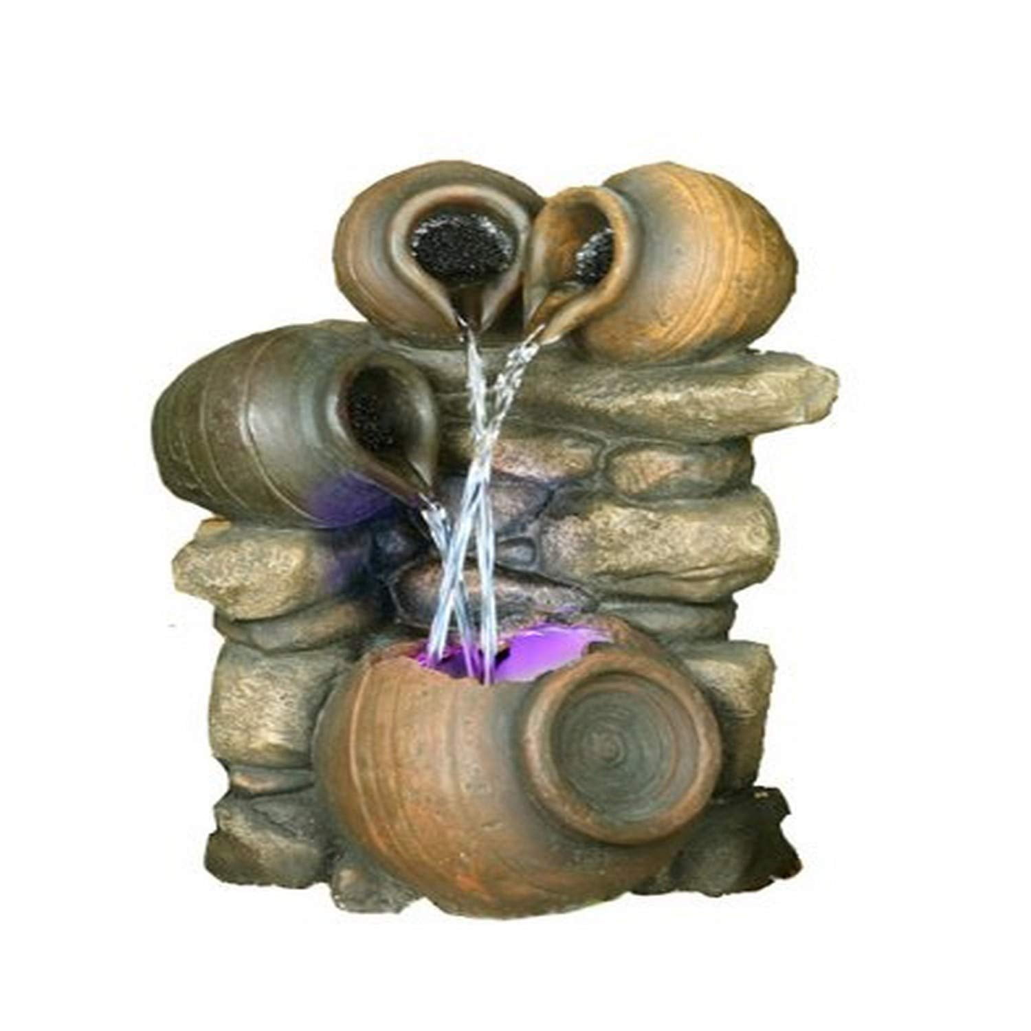 Rustic Brown Polyresin 3-Jug Water Fountain with LED Light