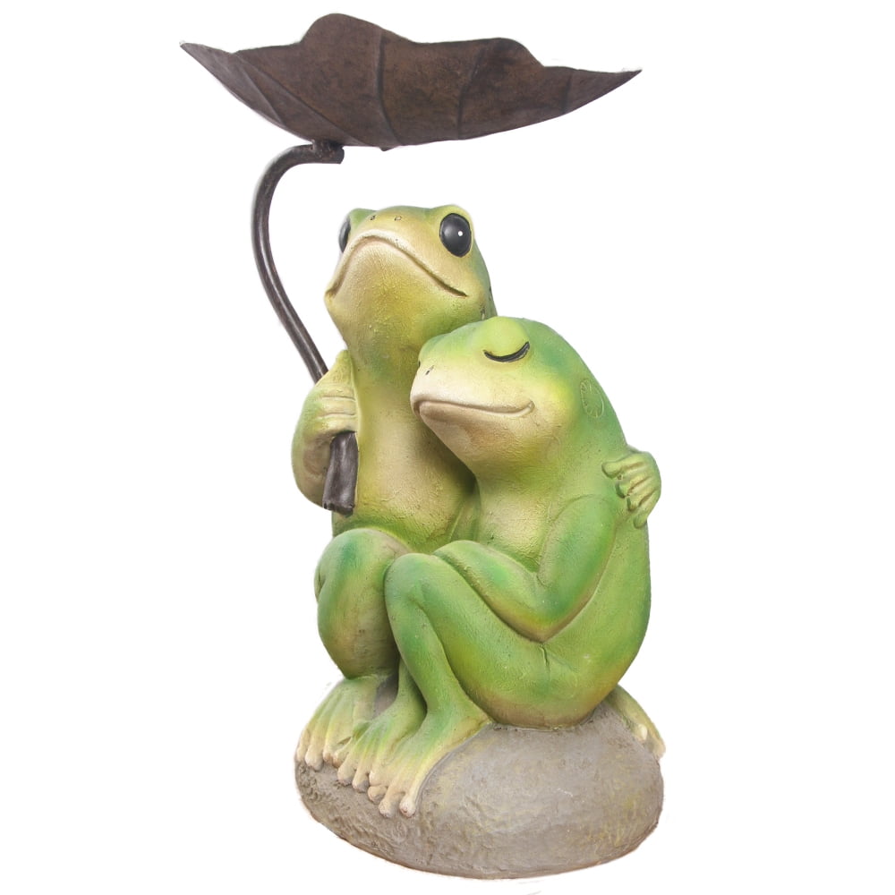 Green and Gray Resin Frog Couple Garden Statue with Leaf Umbrella