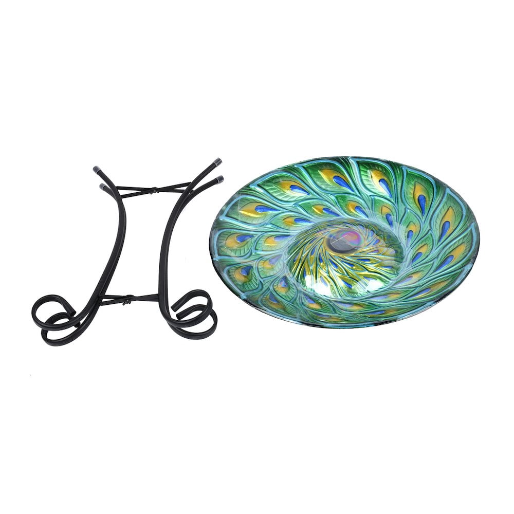 Hi-Line Gift Ltd 78415-P Solar Glass Turquoise Peacock Feathers Bird Bath with Stand