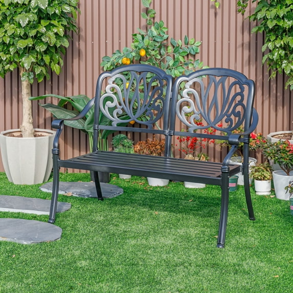 Hi-Line Gift Ltd 78662-BK Midnight Oasis- Black Cast Aluminium Garden Bench with Easy Assembly