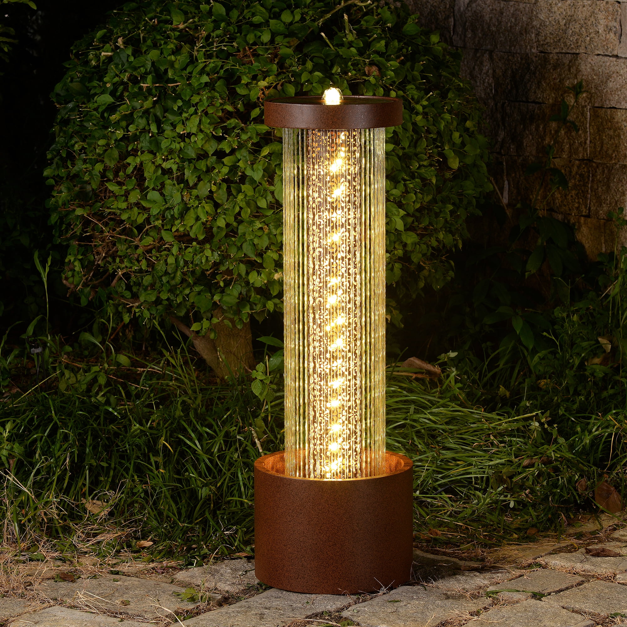 Metal Cascading Rain Water Fountain with Warm White LED Lights - Outdoor