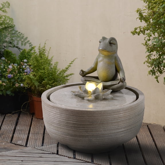 Hi-Line Gifts LED Lighted Frog Meditating Outdoor Garden Water Fountain - 15.5"