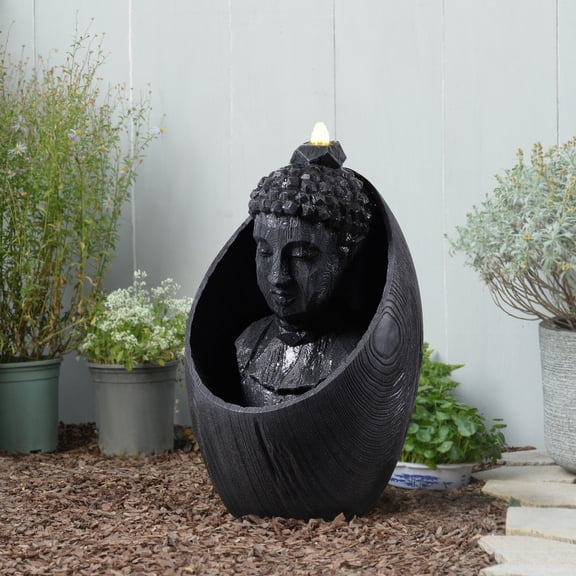 Hi-Line Gifts LED Lighted Buddha Head Outdoor Garden Water Fountain - 22"