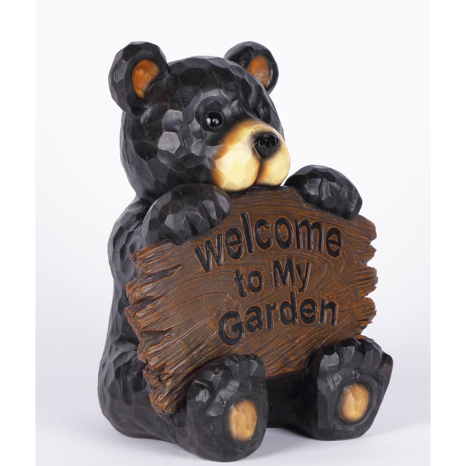 Black Polyresin Bear Cub Garden Statue with Welcome Sign