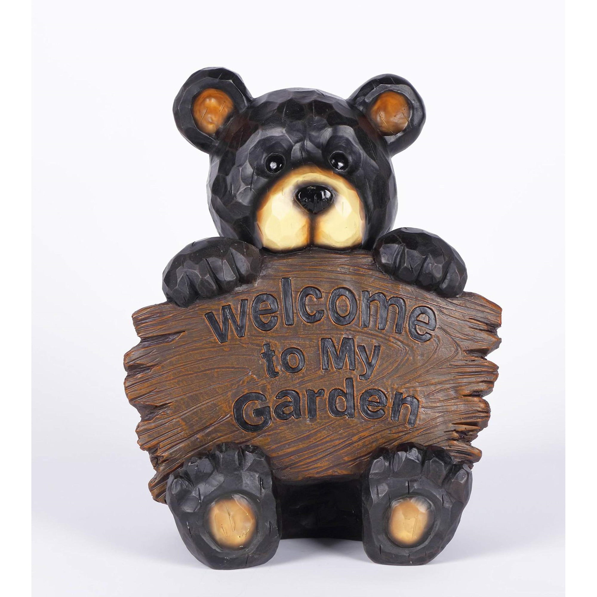 Black Polyresin Bear Cub Garden Statue with Welcome Sign