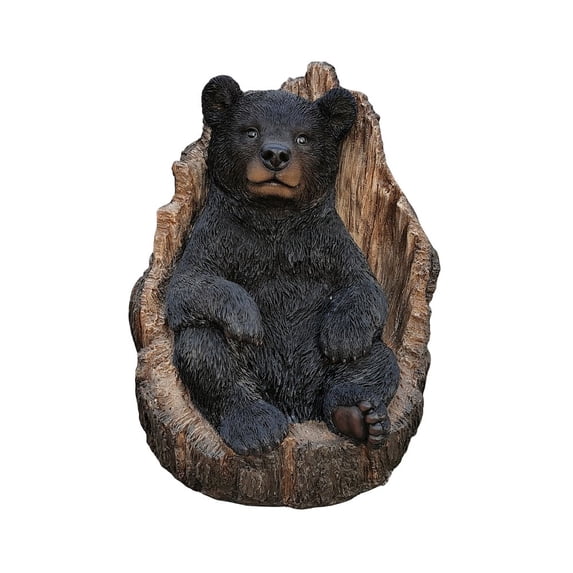 Hi-Line Gift Ltd. Lone Cub Haven: Intriguing Black Polyresin Bear in Stump Figurine