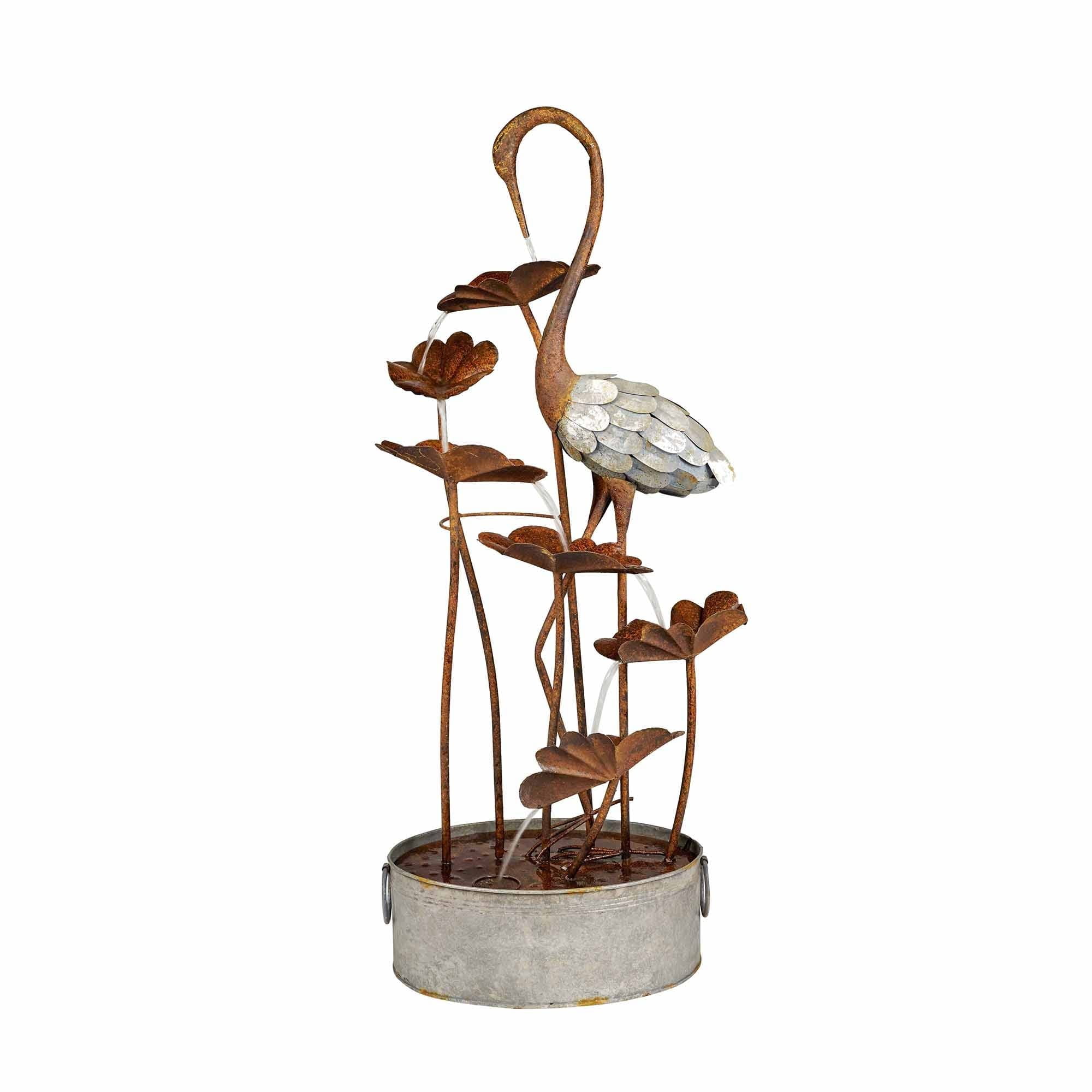 Rustic Metal Crane Fountain with Leaves in Galvanized Pail