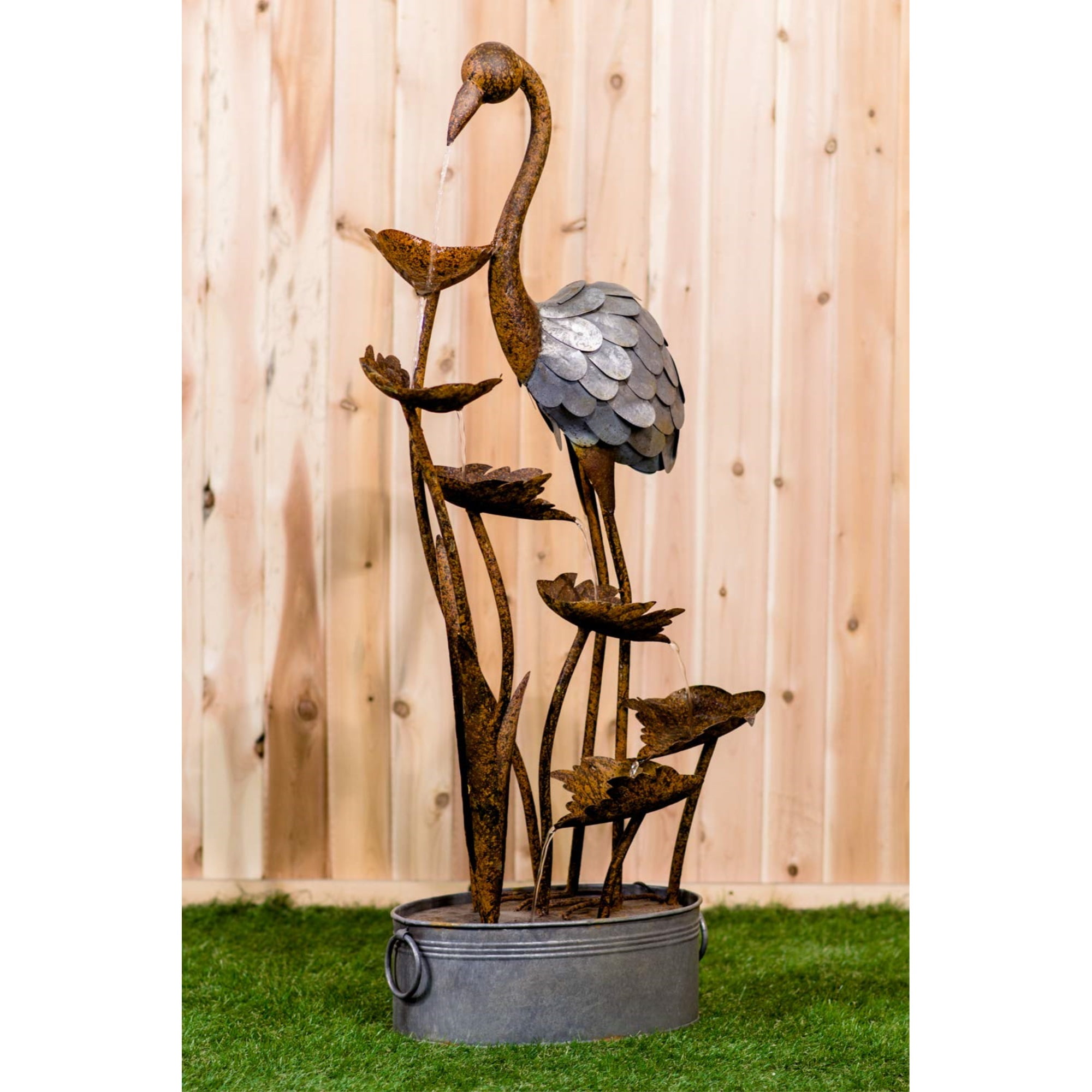 Rustic Metal Flamingo Garden Fountain with Leaves