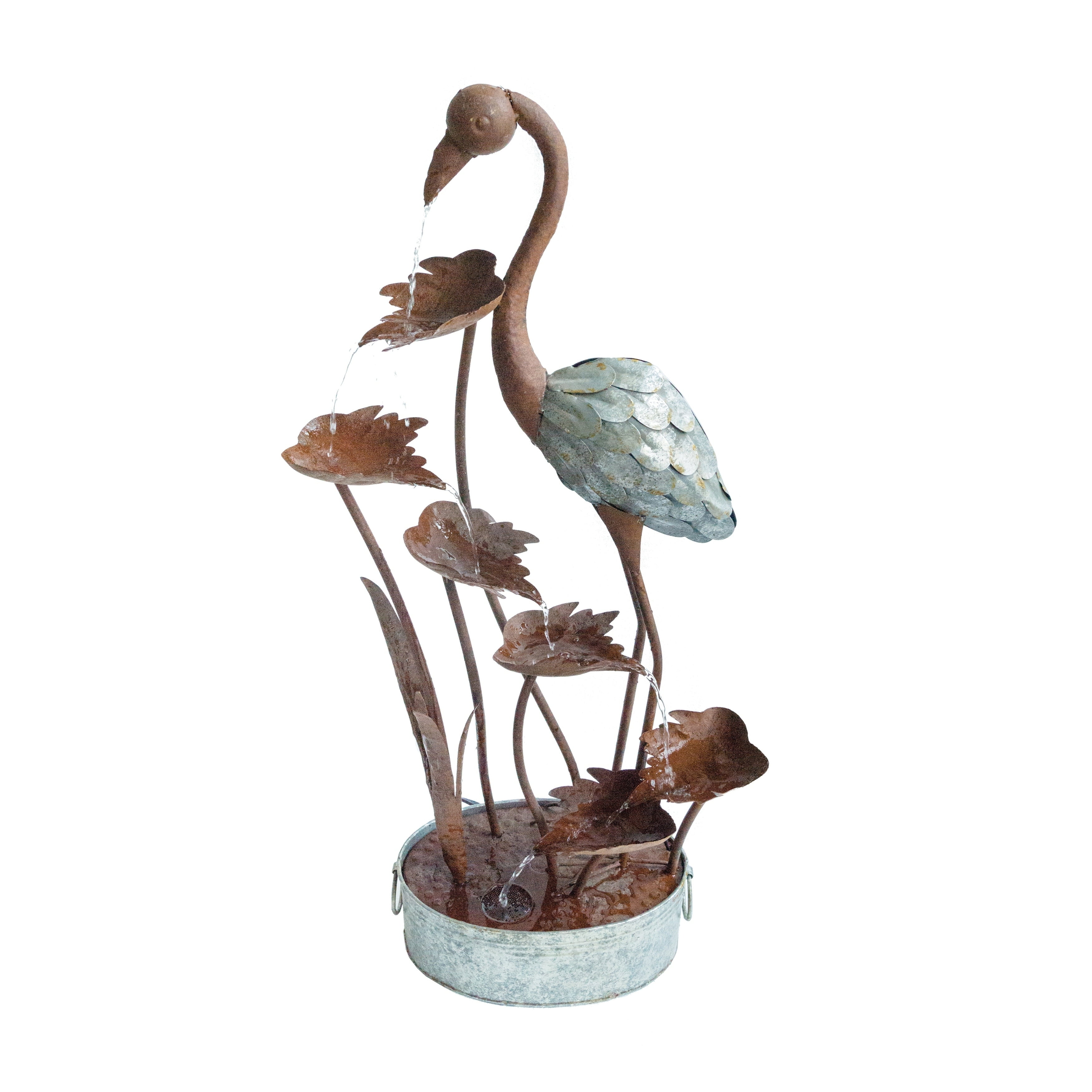 Rustic Metal Flamingo Garden Fountain with Leaves