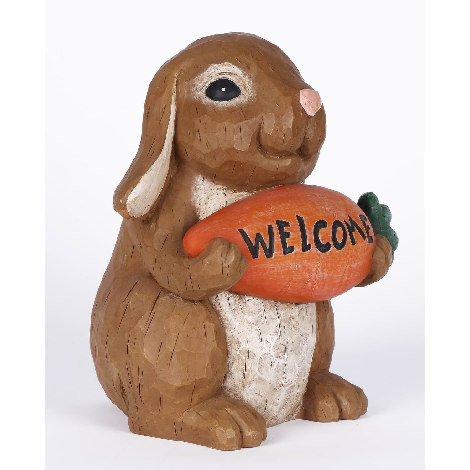 Brown Polyresin Rabbit Holding Carrot Welcome Sign Statue