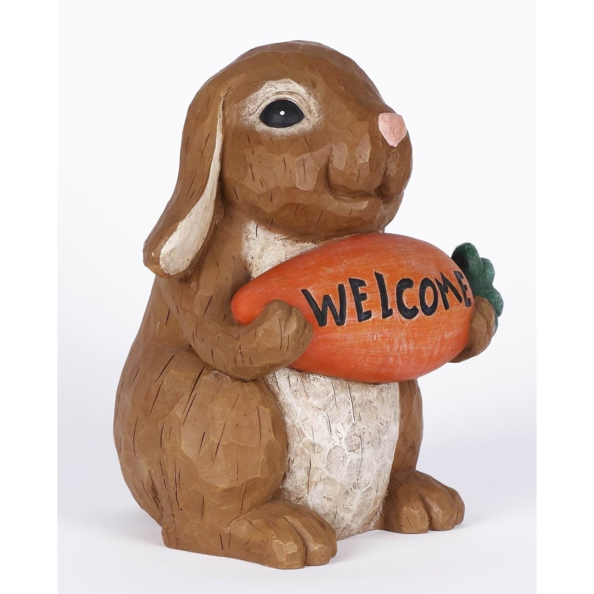 Brown Polyresin Rabbit Holding Carrot Welcome Sign Statue