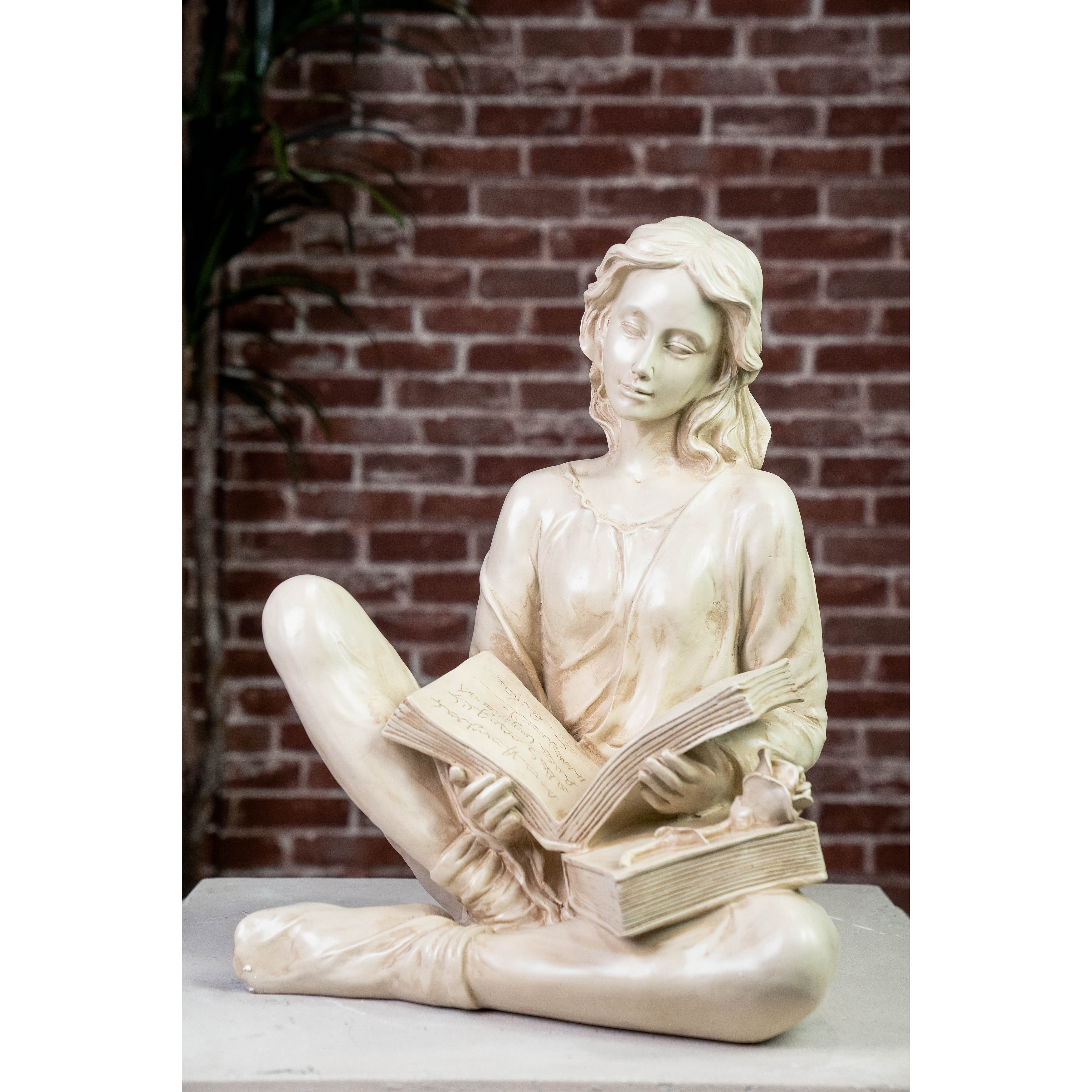 18" Beige Resin Reading Lady Garden Statue