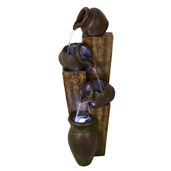 RUSTIC POURING JUGS FOUNTAIN WITH 3 COOL WHITE LED LIGHTS