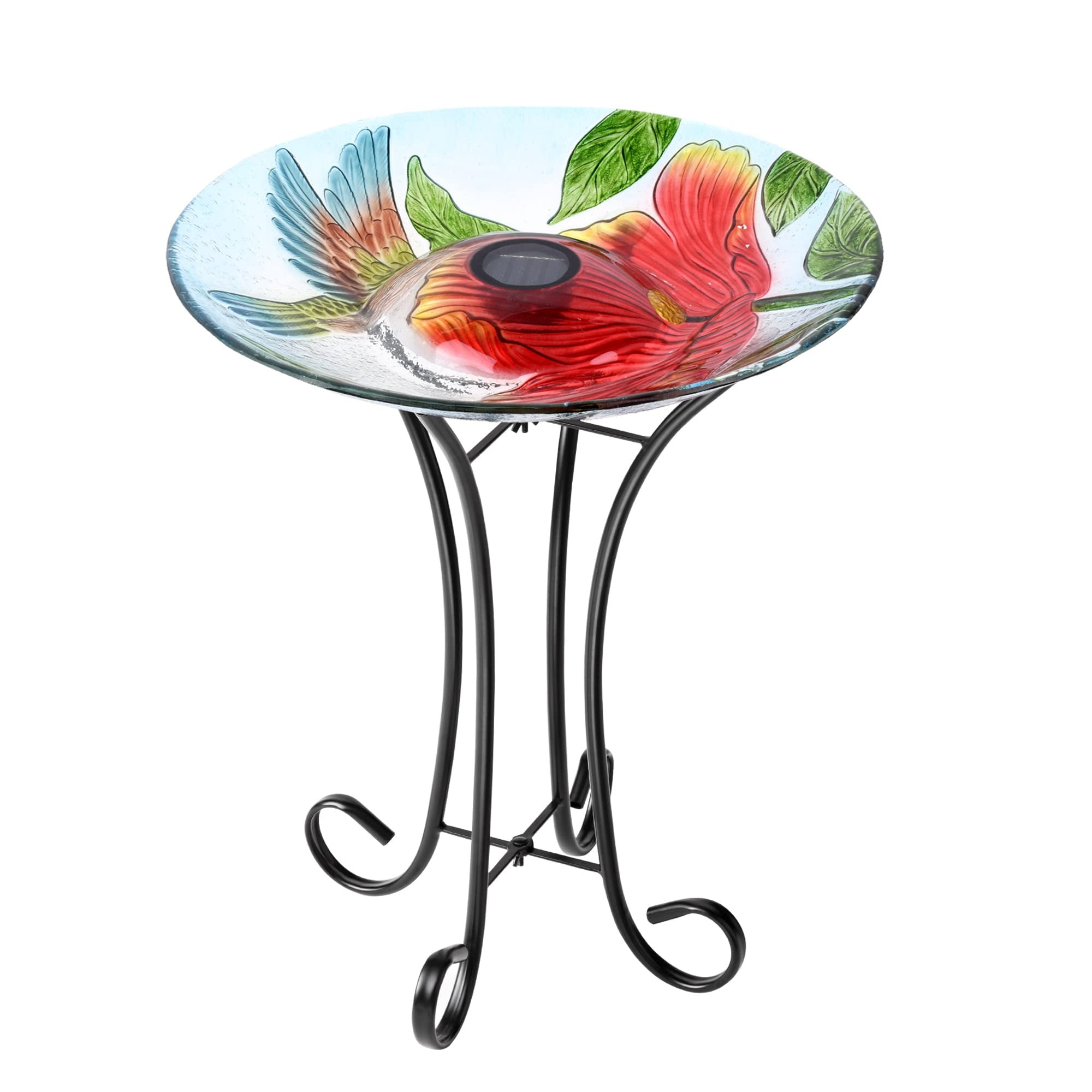 Solar LED Floral Glass Bird Bath with Metal Stand