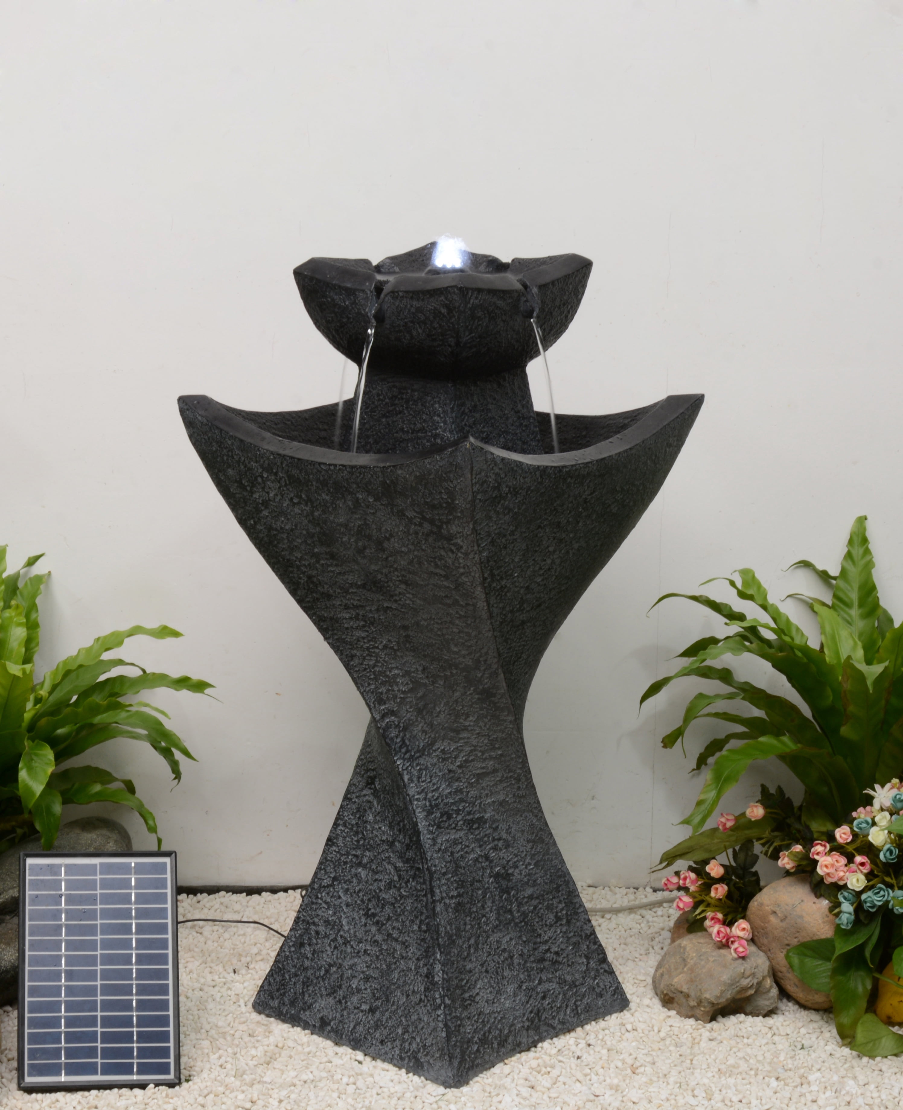 SOLAR-POWERED CONTEMPORARY PEDESTEL FOUNTAIN WITH COOL WHITE LED LIGHTS