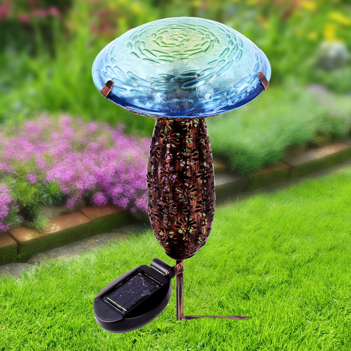 Blue Metal and Glass Solar Mushroom Stake with LED Lights