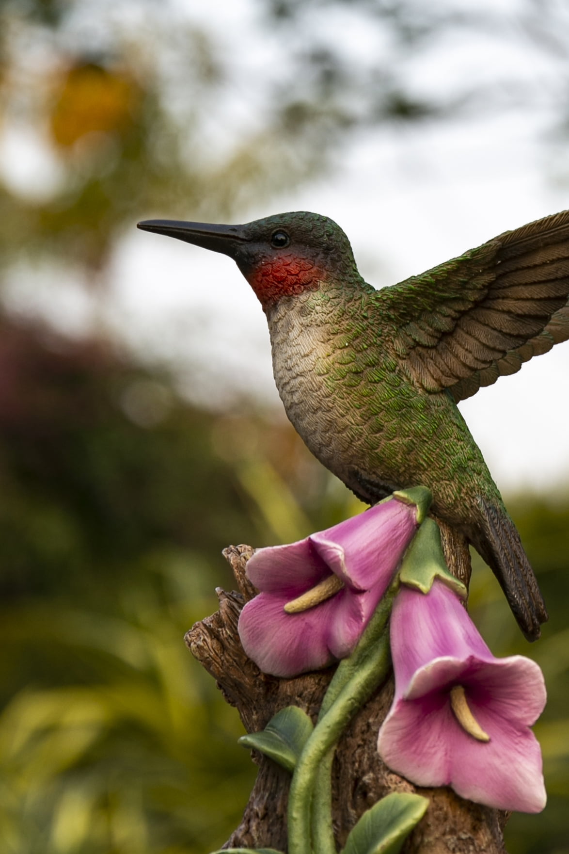 Motion Activated Singing Hummingbird on Pink Foxglove Polyresin Statue