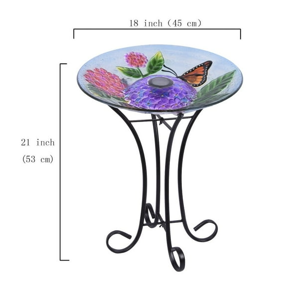 Hi-Line Gift Solar LED Glass Bird Bath with Stand, Floral