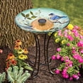 thumbnail image 1 of SOLAR LED FLORAL GLASS BIRD BATH WITH STAND - BLUE BIRD & PEACH BLOSSOM, 1 of 3