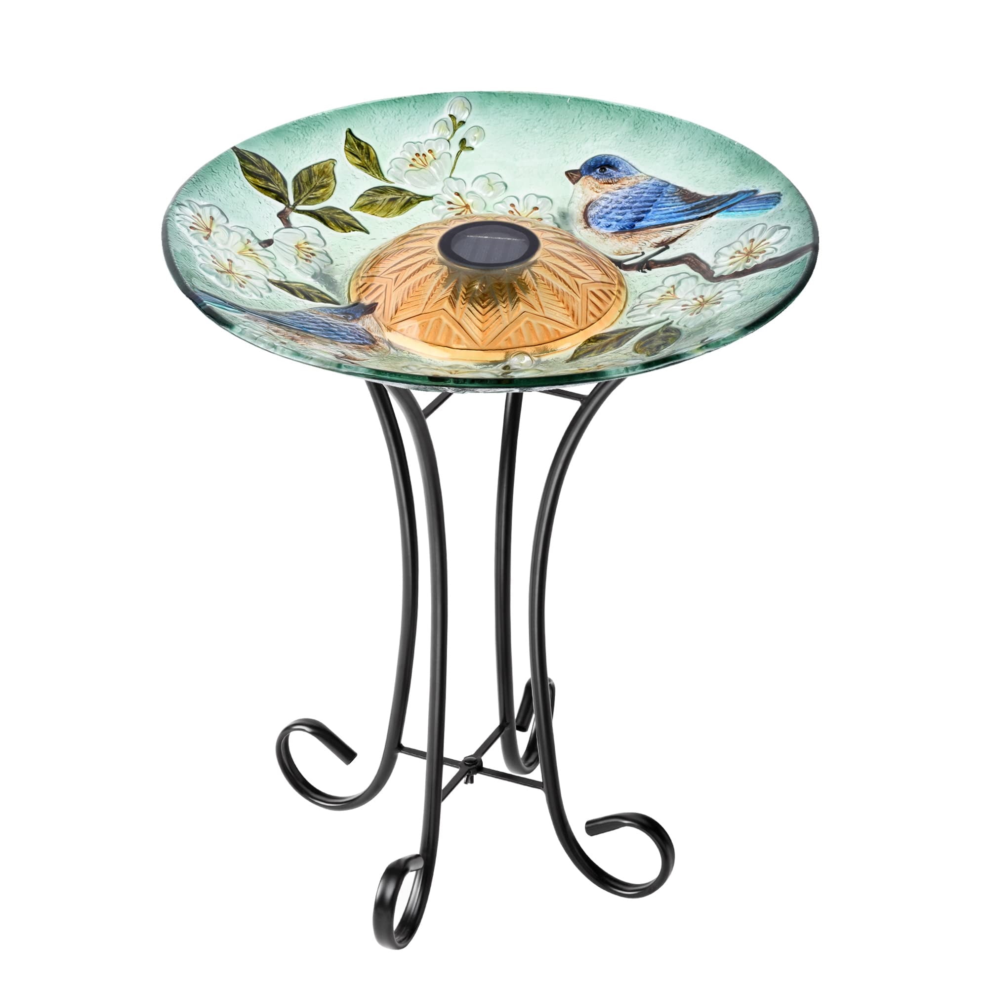 Solar LED Floral Glass Bird Bath with Metal Stand