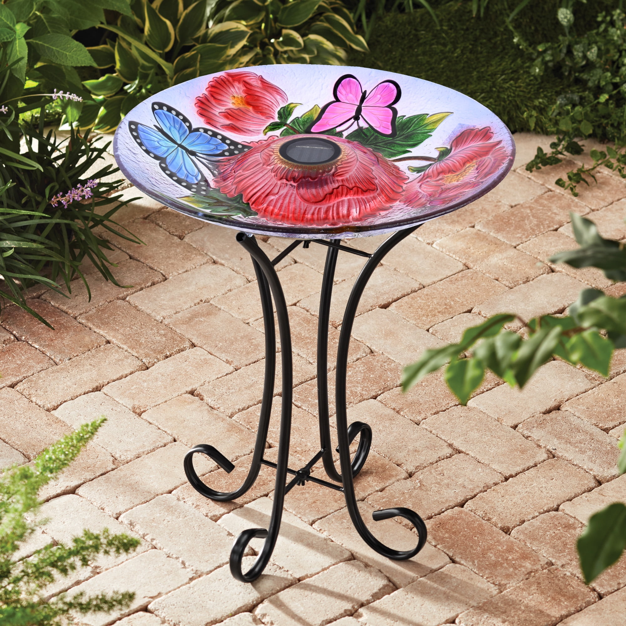 Solar LED Floral Glass Bird Bath with Black Metal Stand