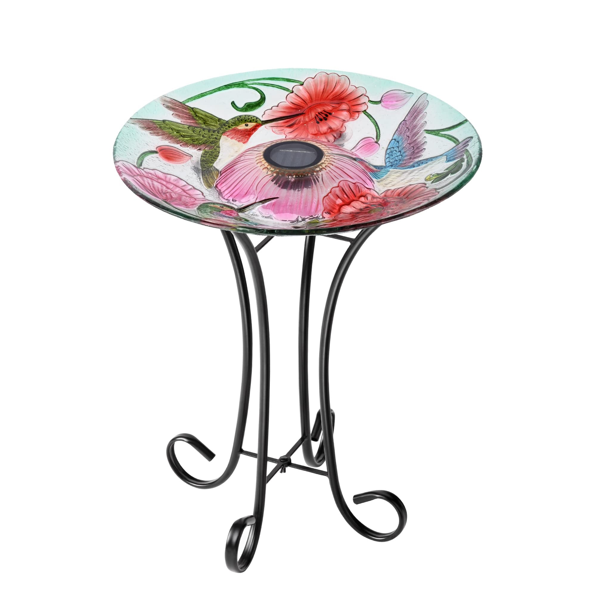 Solar LED Floral Glass Bird Bath with Metal Stand