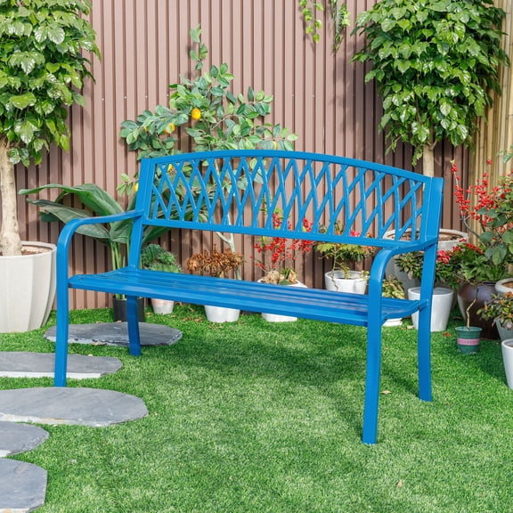 Hi-Line Gift Steel and Cast Iron Garden Bench, Blue