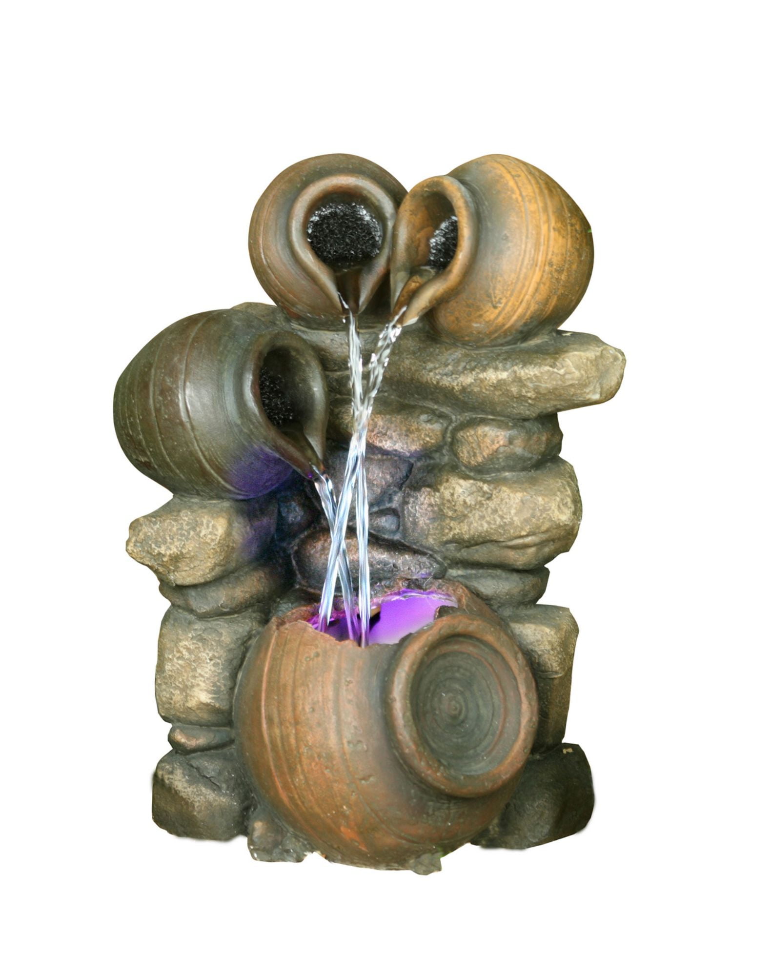 Rustic Brown Polyresin 3-Jug Water Fountain with LED Light