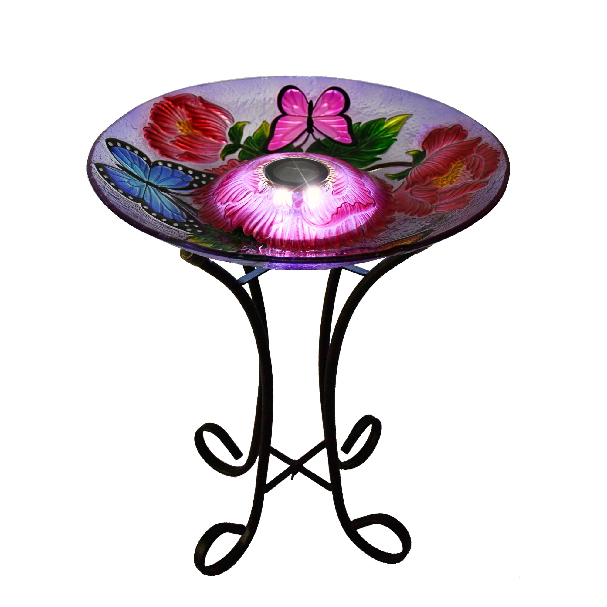 Solar LED Floral Glass Bird Bath with Black Metal Stand