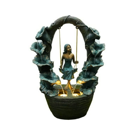 Hi-Line Gifts 24" LED Lighted Girl on a Swing Tabletop Outdoor Fountain
