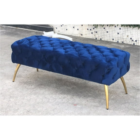 Hi-Line Gifts 44" Navy Blue and Gold Rectangular Button-Tufted Bench