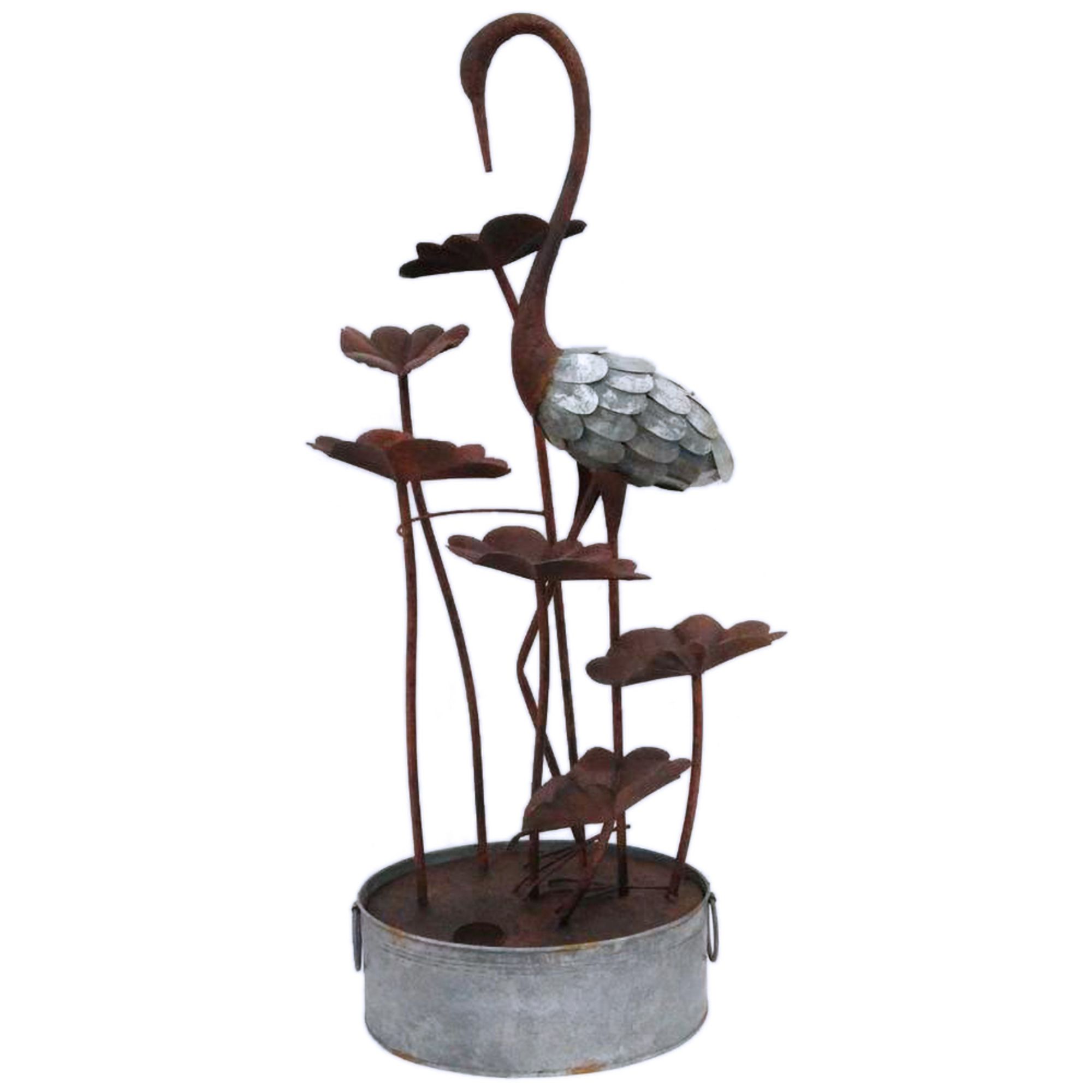 Rustic Metal Flamingo Garden Fountain with Leaves