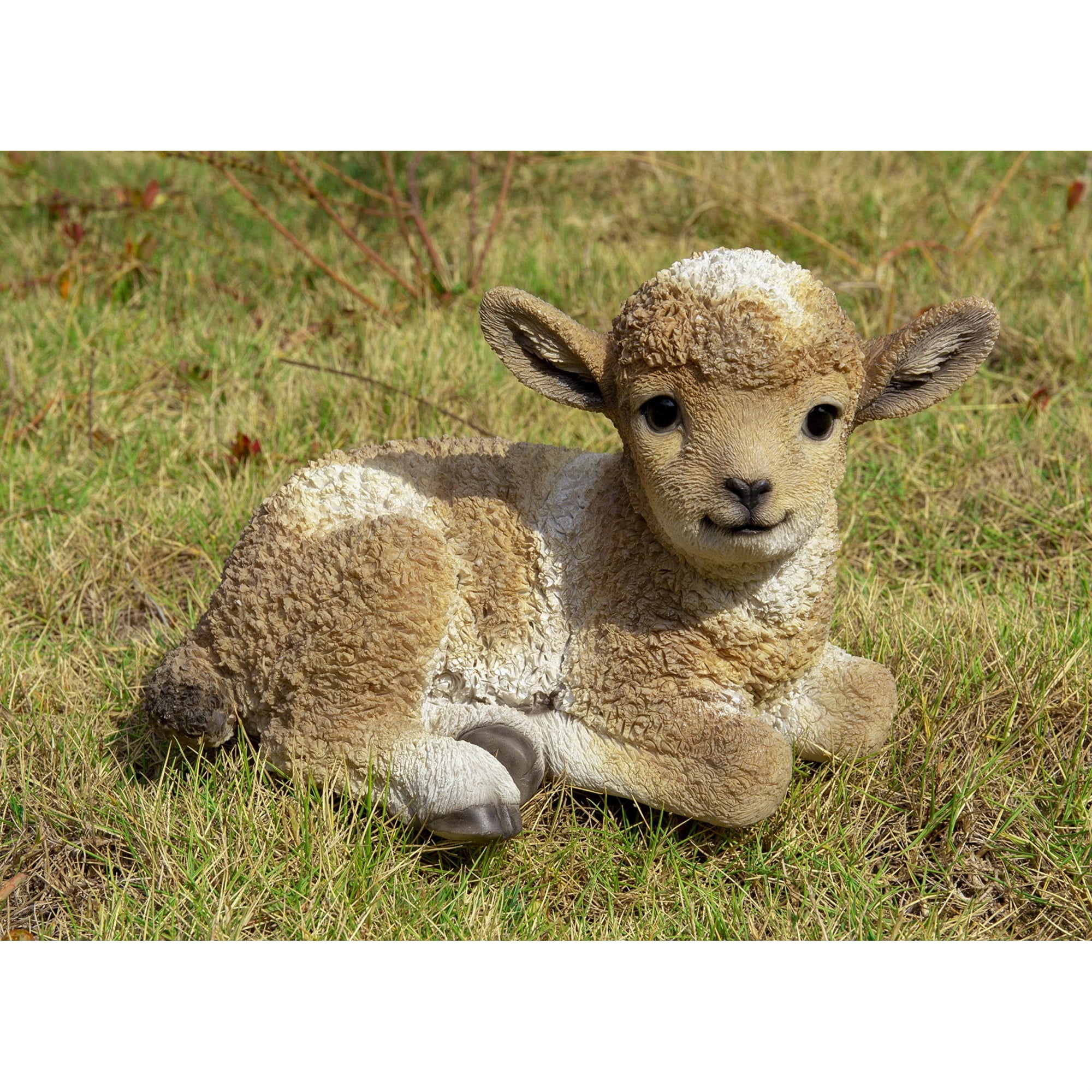 Brown and White Resin Baby Lamb Lying Down Statue