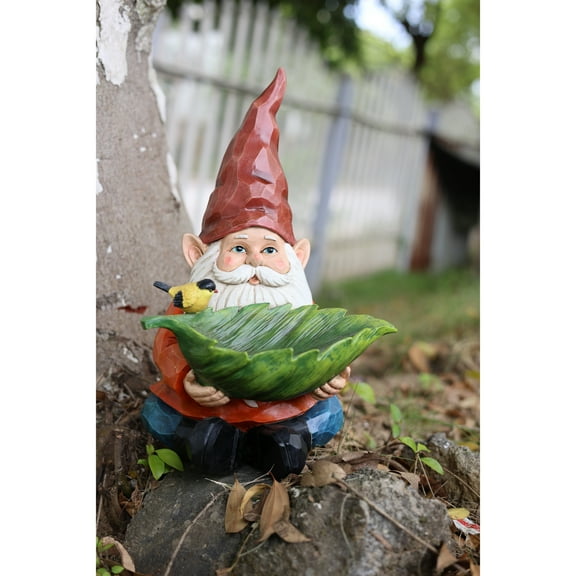 Hi-Line Gifts Gnome with Leaf Outdoor Patio Bird Bath - 13.75"