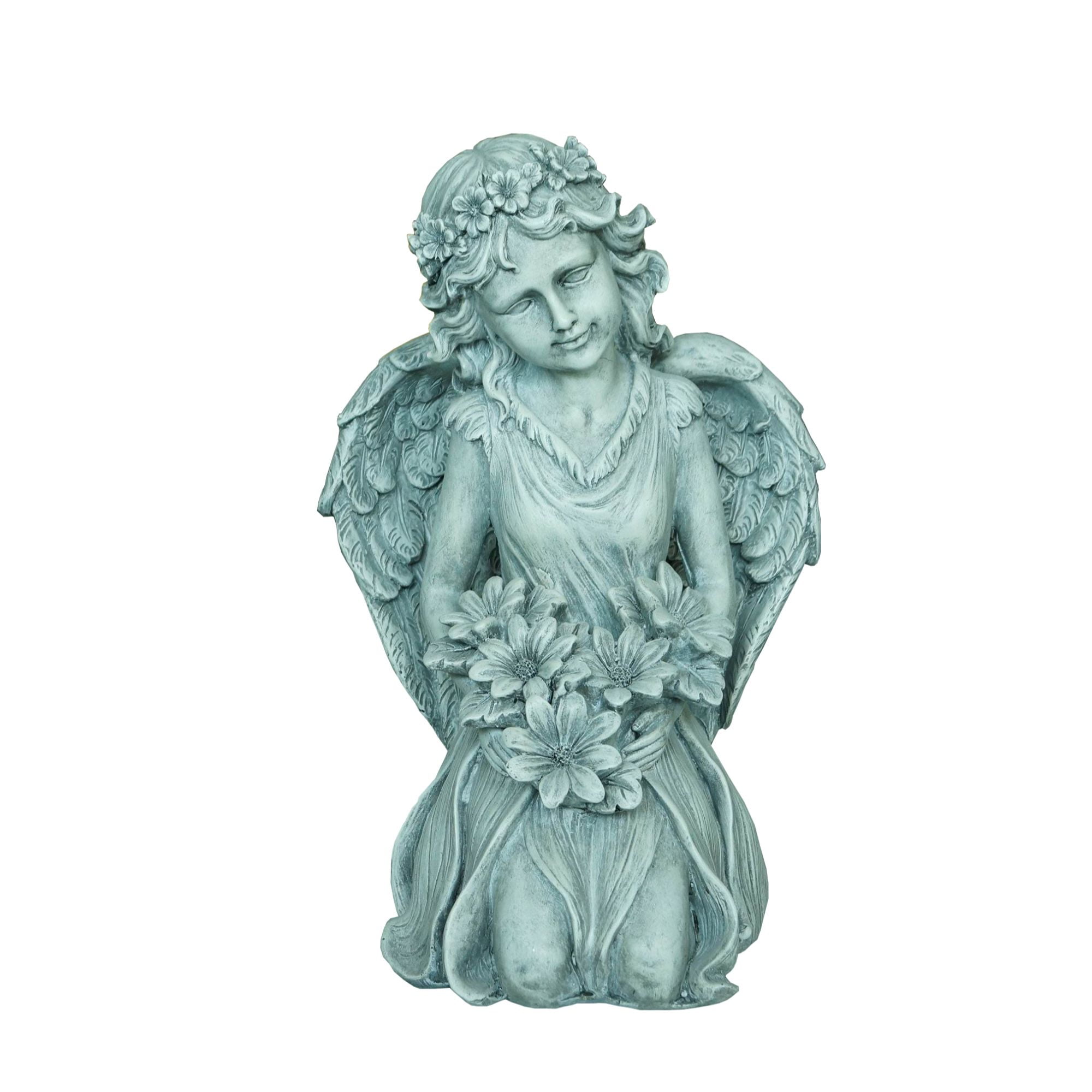 Gray Kneeling Angel Statue with Floral Crown and Bouquet