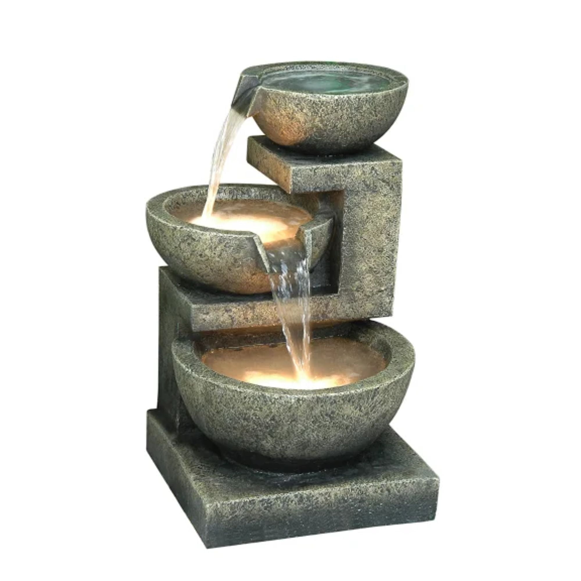 Beige Resin 3-Bowl Fountain with LED Lights