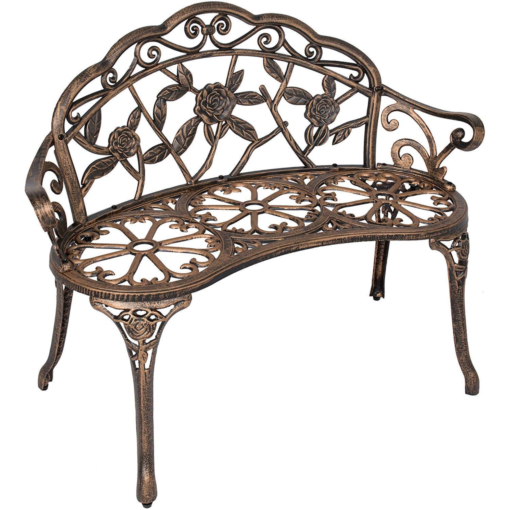 Bronze Antique Rose Design Metal Garden Bench with Armrests